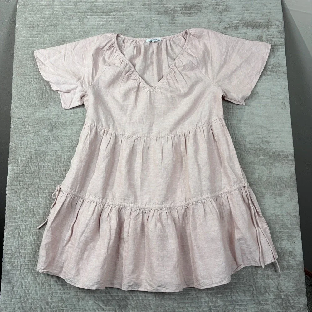 Madewell Pink Linen Blend Tiered Mini Dress V-Neck Short Sleeve NE769 Large